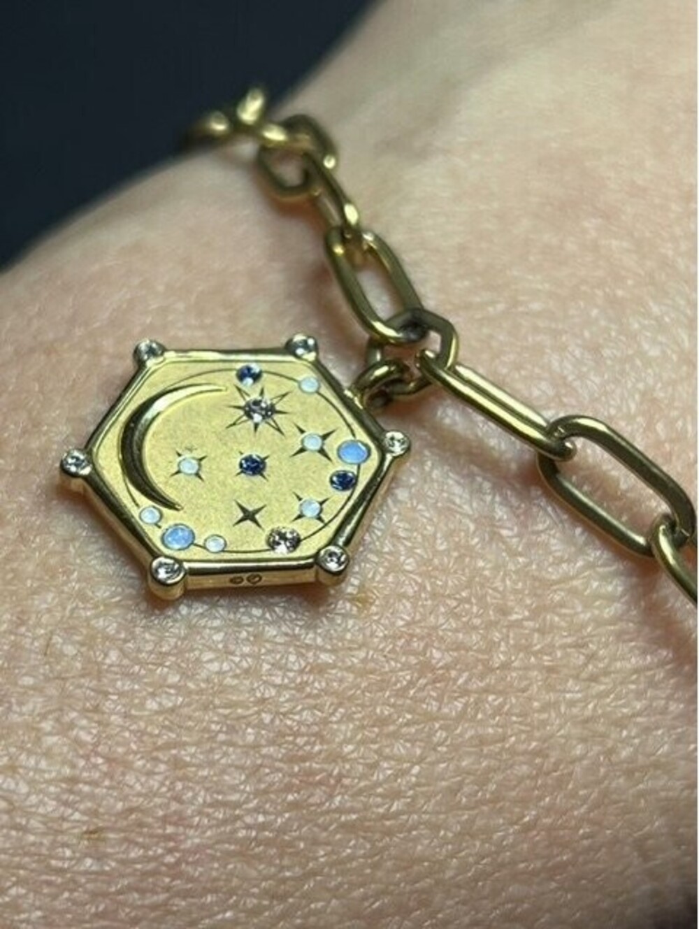 B7320 Swarovski Paperclip Chain Bracelet Moon Stars Charm Pave Crystal 7.5"